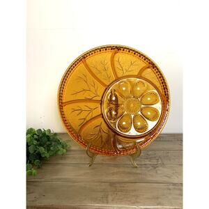 Vintage Indiana Glass Amber Glass Deviled Egg + Relish Dish Serving Platter